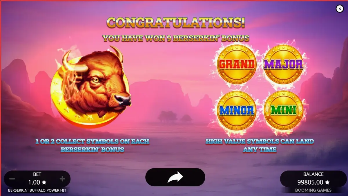 Tampilan visual slot Berserkin’ Buffalo Power Hit dengan elemen mistis dan kerbau liar.