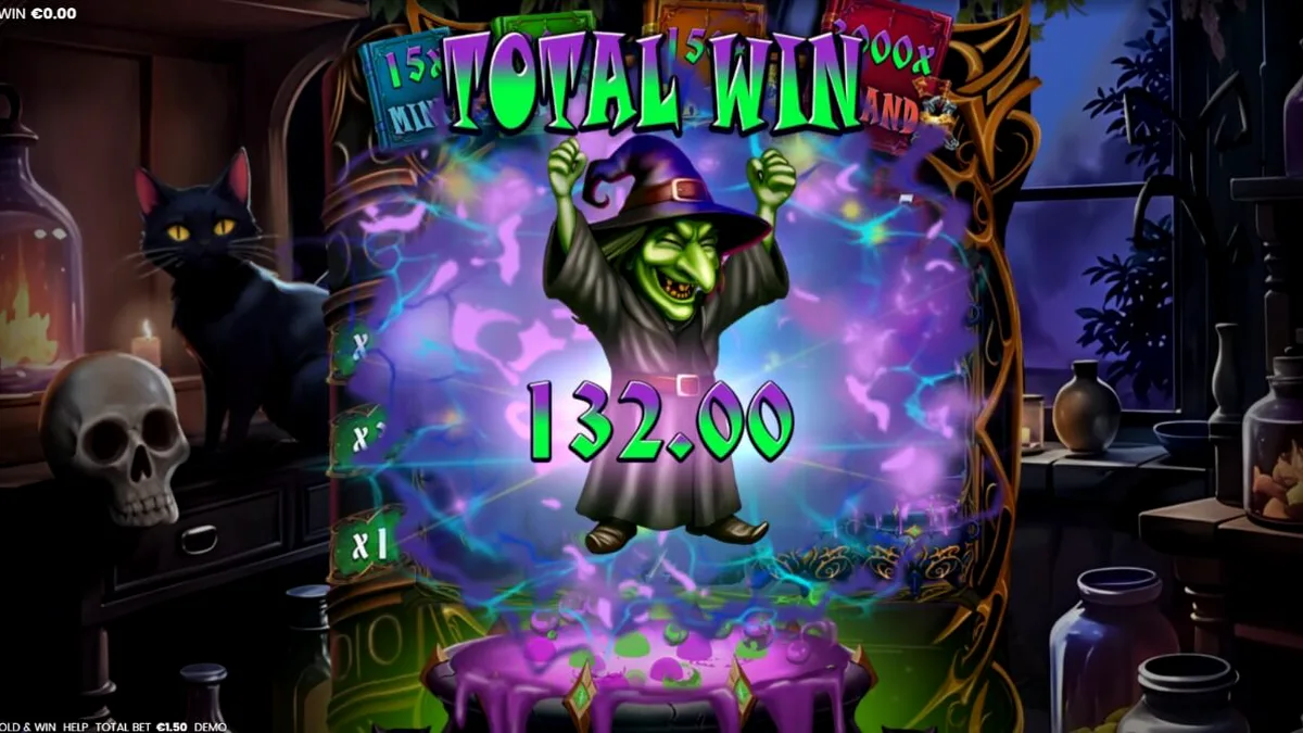 Tampilan visual slot Witches’ Fortune: Hold & Win dengan tema sihir dan kuali ajaib