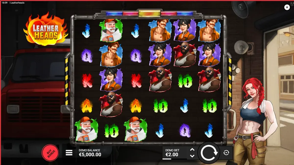 Tampilan visual neon dari slot Leatherheads dengan karakter kru pemadam kebakaran
