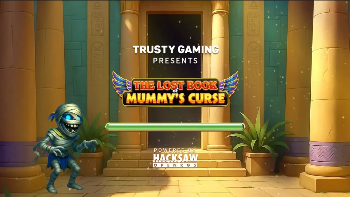 Tampilan visual slot The Lost Book of Mummy’s Curse dengan tema Mesir kuno yang kartunis