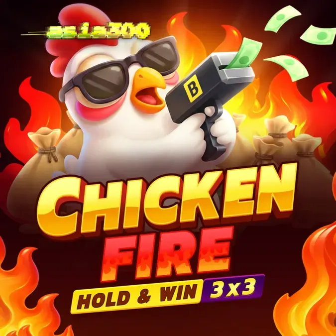 Tampilan antarmuka permainan slot Chicken Fire dengan grid 3x3 dan elemen bonus.
